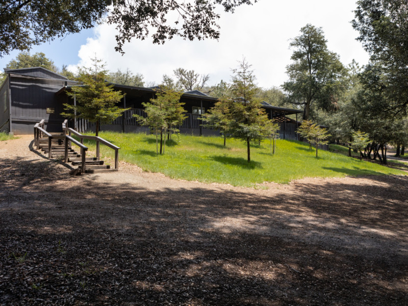 Disciples Lodge exterior showing hills, trees and stairs