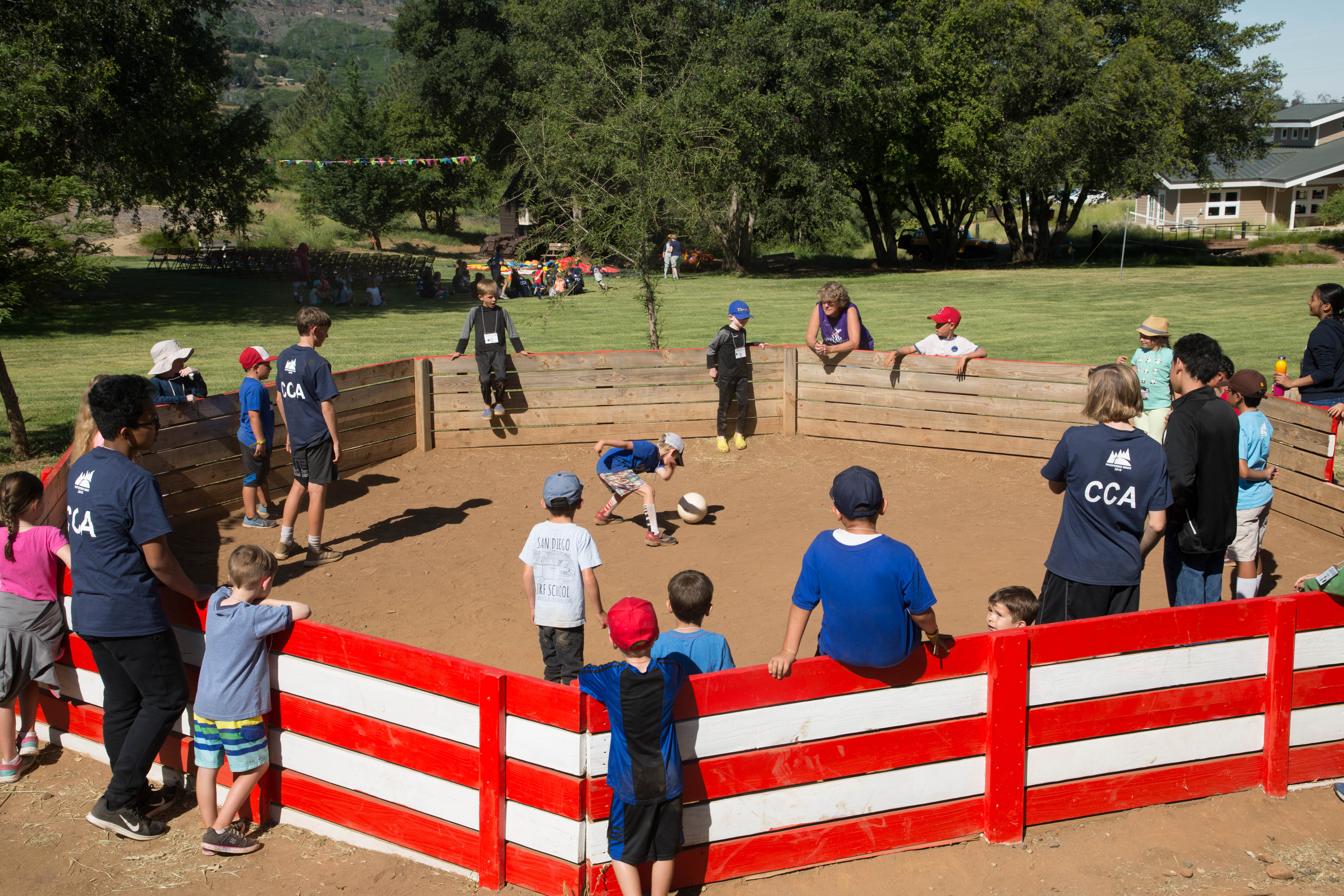 Kids and CCAs playing in Gaga Pit during Family Camp