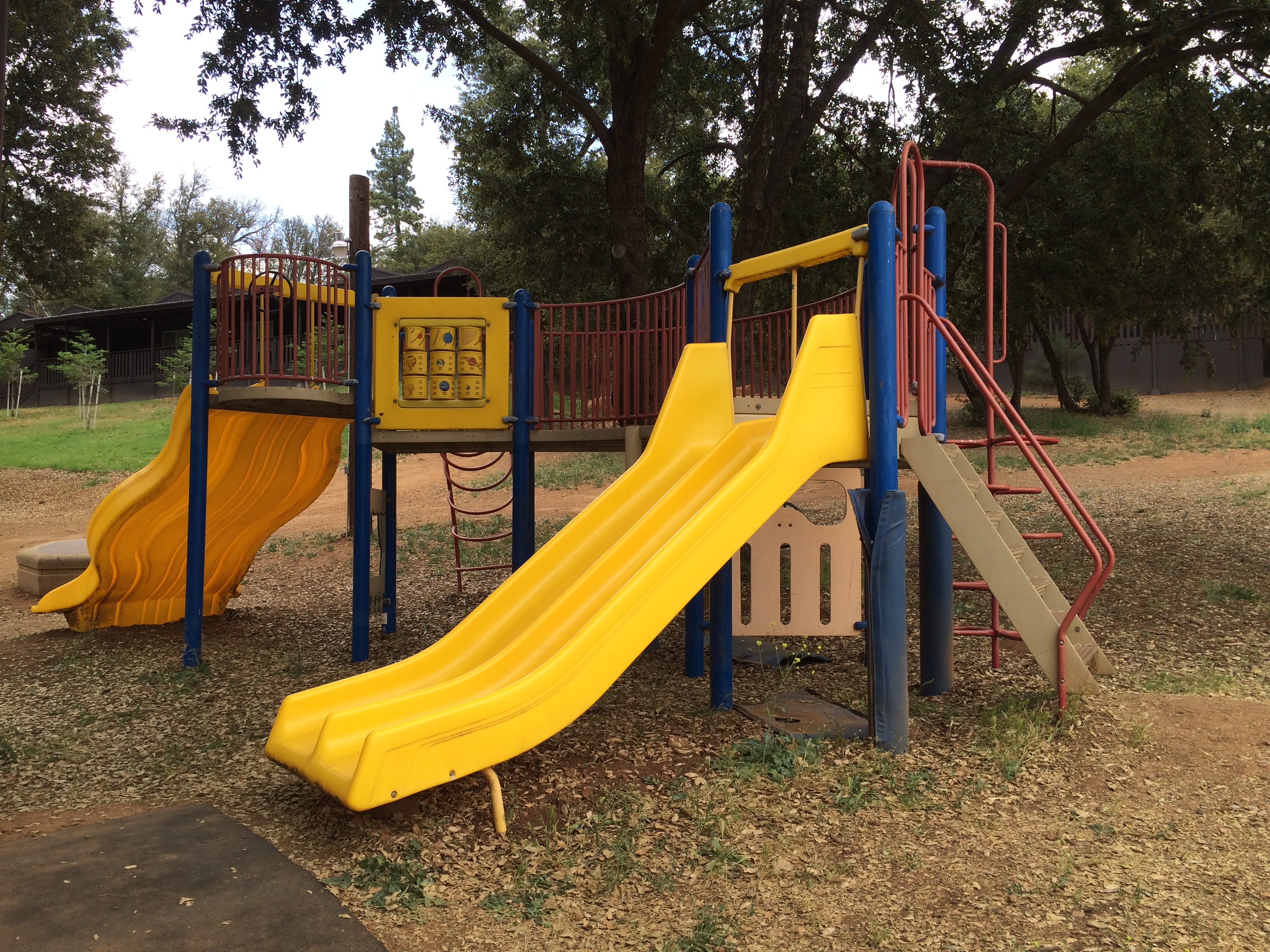 Playground set with two yellow plastic slides
