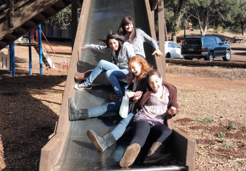 Four teen girls going down treehouse slide together