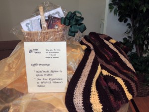 Women's Auxiliary Brunch fundraiser gift basket with hand-made afghan