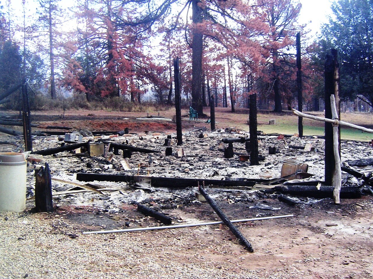 2003 Cedar Fire structure damage and burned trees